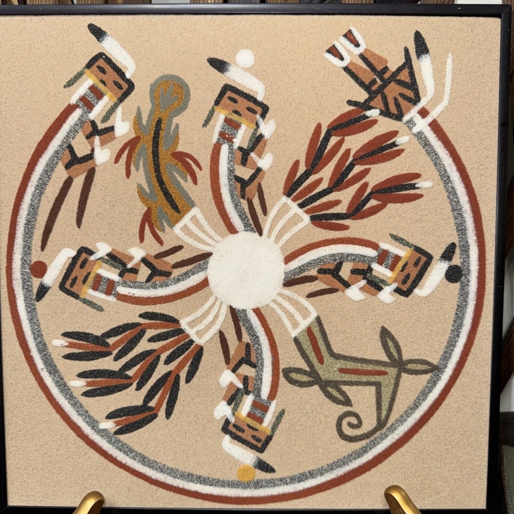 VTG Navajo Sand Painting "Whirling Rainbow" 13.25x13.25"with The Metal Frame